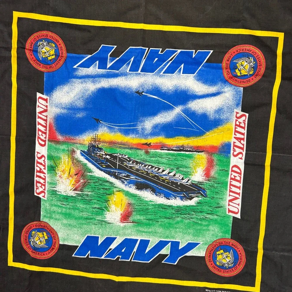 Vintage US Navy Bandana Aircraft Carrier Fighter Jet Black USA Made Cotton Poly